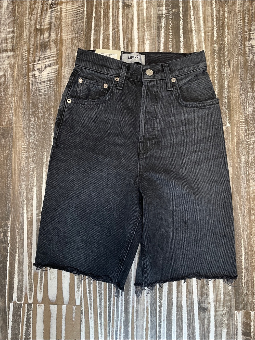 Agolde 90’s Pinch Waist Washed Black High-Rise Denim Bermuda Shorts Raw Hem Nix